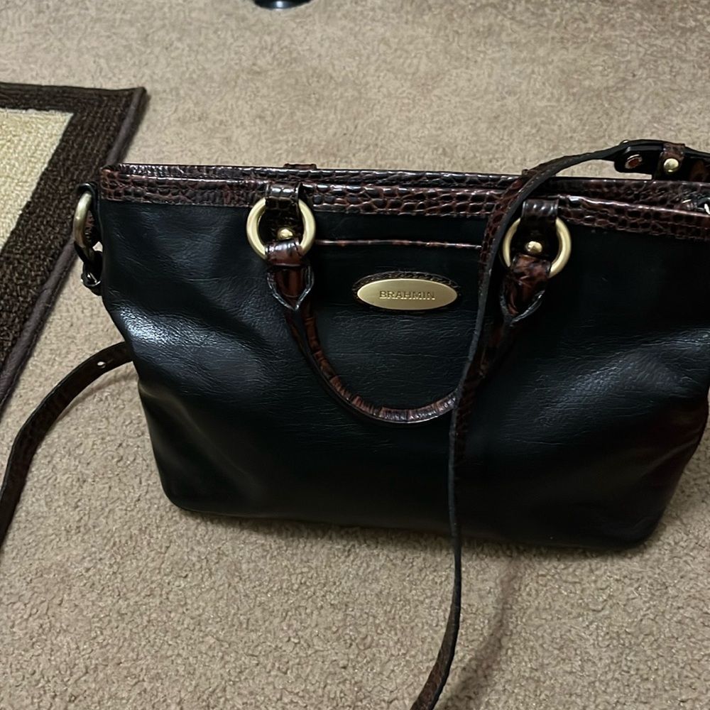 Brahmin Black leather tote with crocodile leather handle